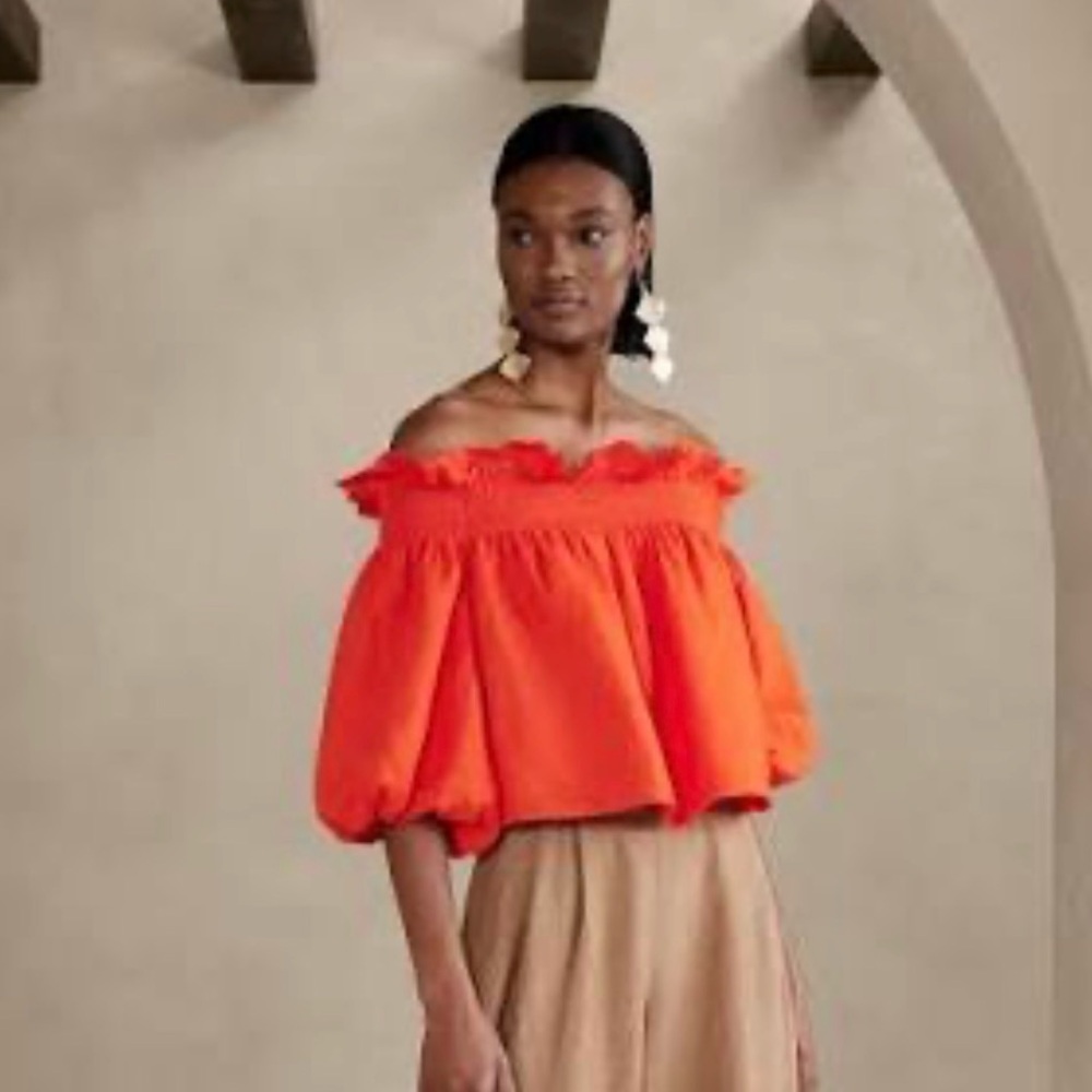 Banana Republic Bria Linen Off the Shoulder Smock Ruffle Top Orange Medium